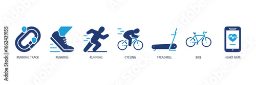 Endurance Sports Glyph Dual tone Icons Web Banner – running track, running, running, cycling, treadmill, bike, heart rate