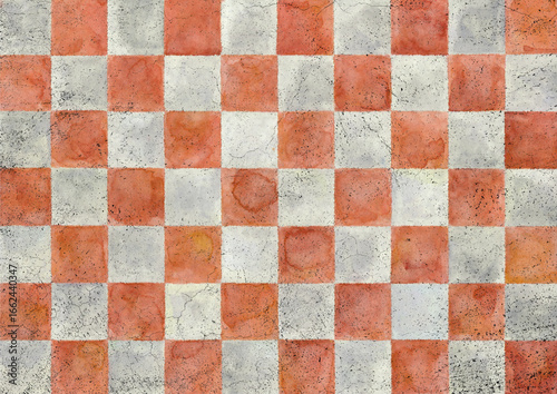 赤の格子タイルカーペット コンクリートひび割れ背景素材