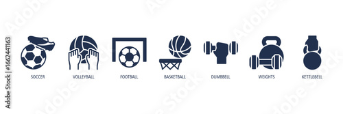 Team Sports Action Glyph Icons Web Banner – soccer, volleyball, football, basketball, dumbbell, weights, kettlebell