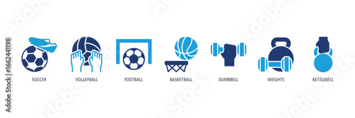 Team Sports Action Glyph Dual tone Icons Web Banner – soccer, volleyball, football, basketball, dumbbell, weights, kettlebell