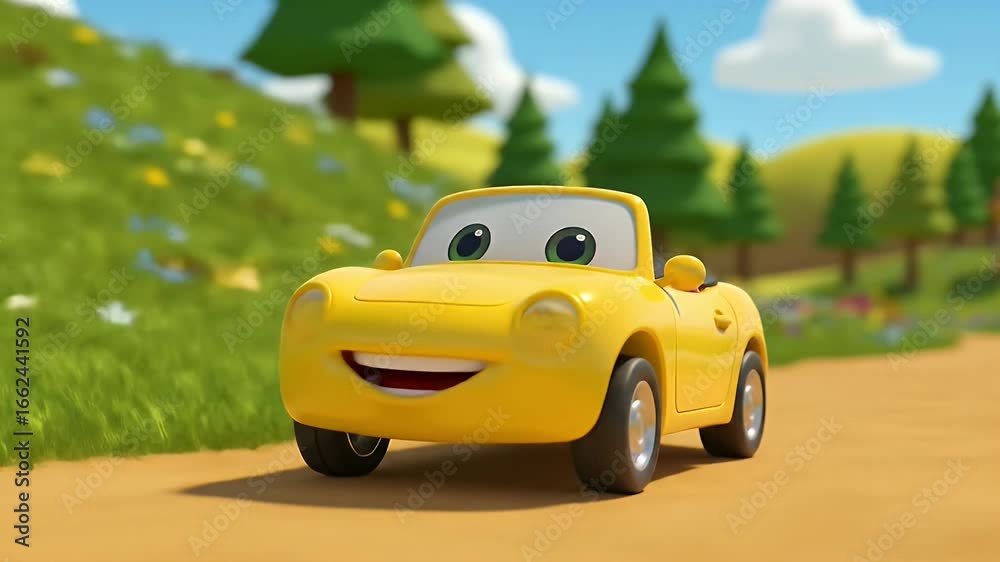Friendly Yellow Cartoon Car on a Sunny Country Road. Friendly Yellow Cartoon Car on a Sunny Country Road.
