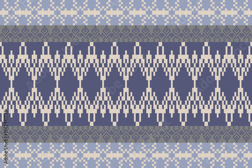 Shades of Blue Traditional Embroidery Art Abstract with Pixel Art Designs for Textile Print