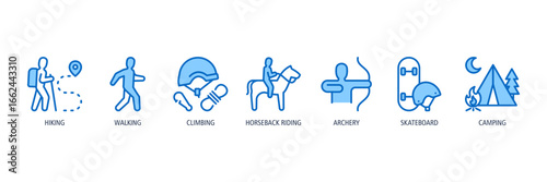 Outdoor Adventure Outline Blue Icons Web Banner – hiking, walking, climbing, horseback riding, archery, skateboard, camping
