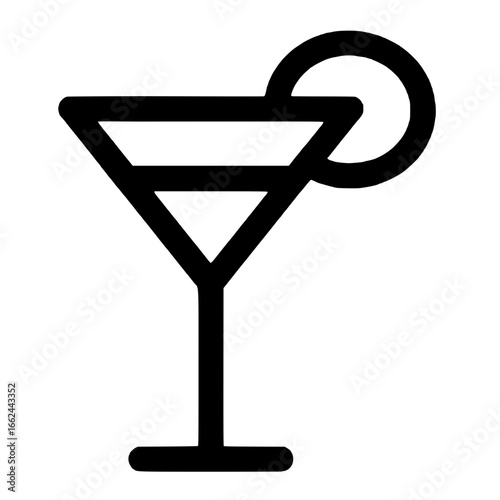 Minimalist outline vector of cocktail glass with lemon slice for summer bar and drink design