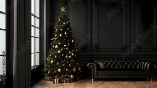 A dimly lit room with a Christmas tree and a plush couch