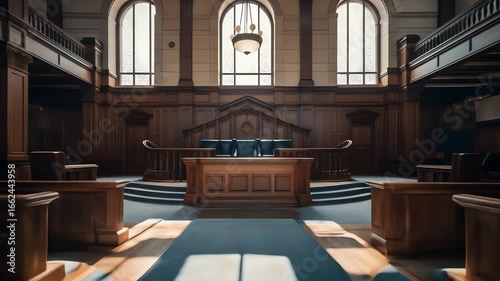 A grand woodpaneled courtroom with tiered seating and a central judicial bench