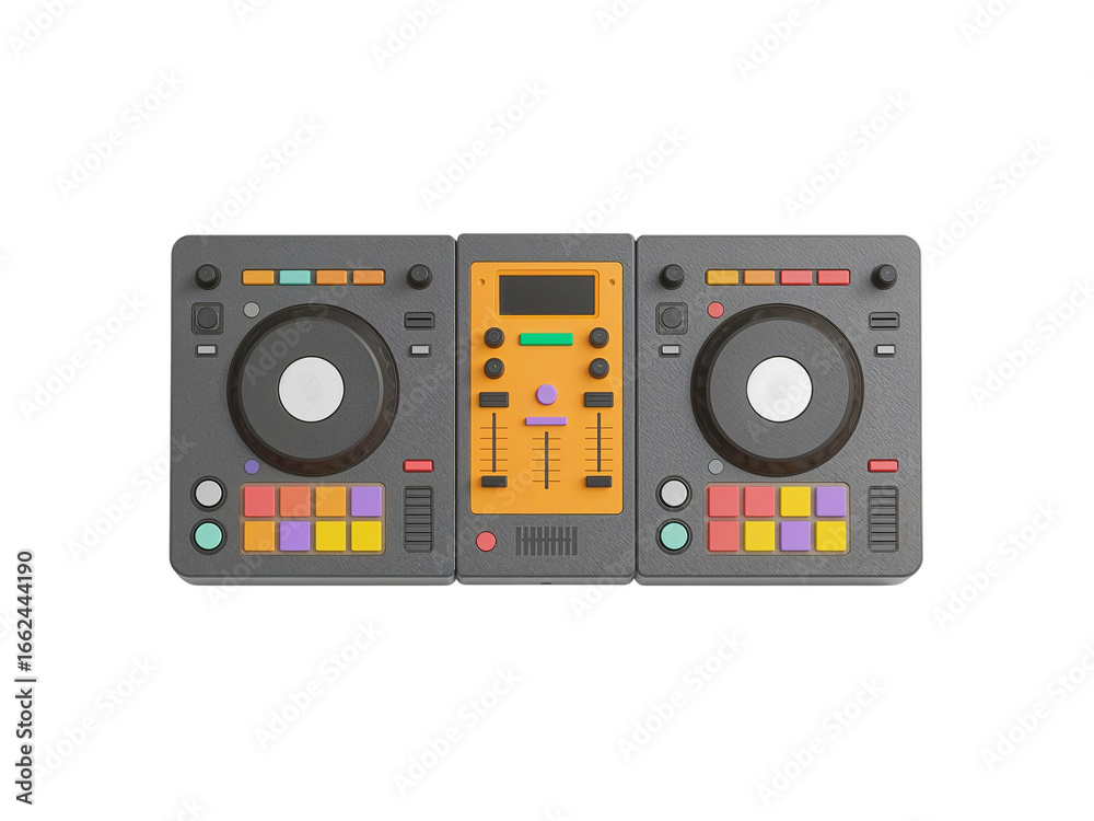 Fototapeta premium Stylized DJ mixing console with tactile knobs and colorful buttons, perfect for party design, on