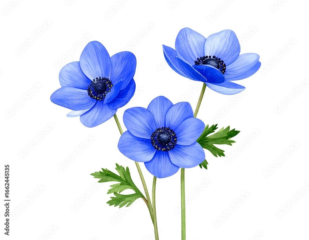 Fototapeta premium Three vibrant blue anemones on a white background