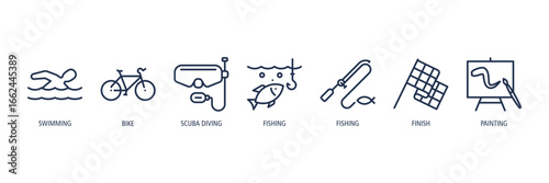 Water & Marine Sports Outline Icons Web Banner – swimming, bike, scuba diving, fishing, fishing, finish, painting