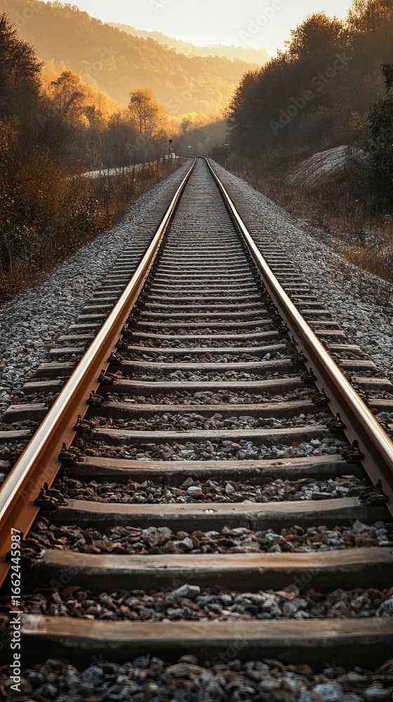 Fototapeta premium A railway track stretches into a golden sunset