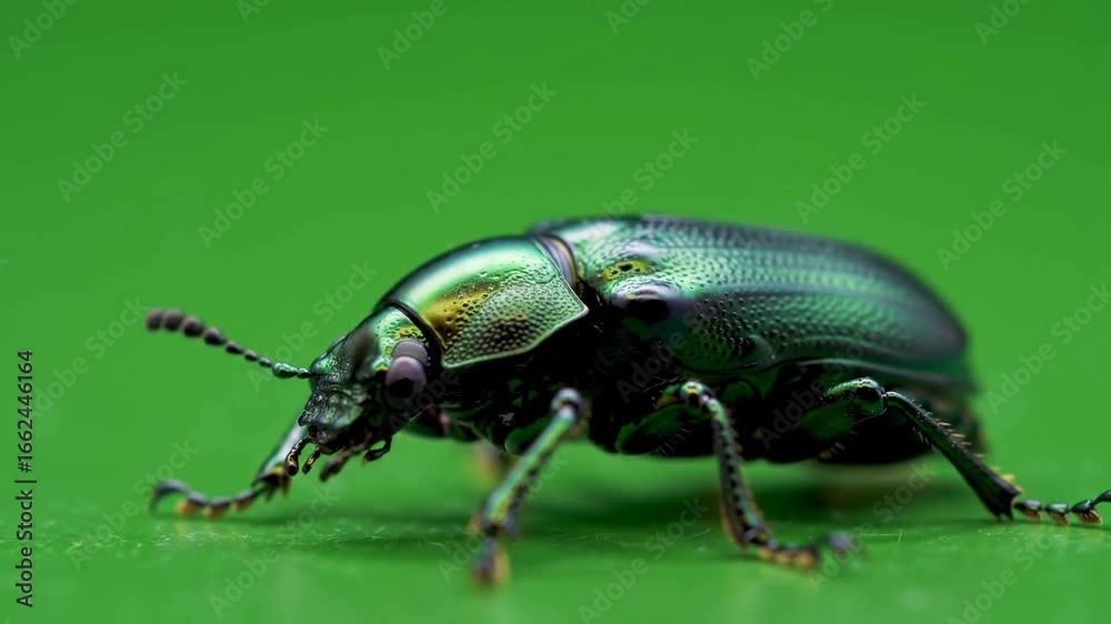 Close-up of a vibrant green beetle on a bright green surface, showcasing intricate details Close-up of a vibrant green beetle on a bright green surface, showcasing intricate details