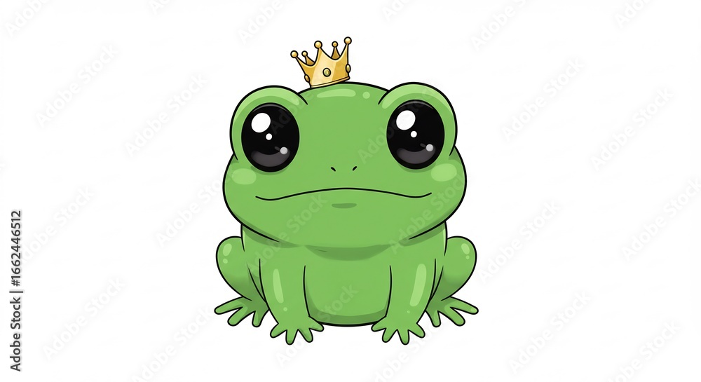 Obraz premium Adorable cartoon frog cheerfully wears golden crown. AI Generated