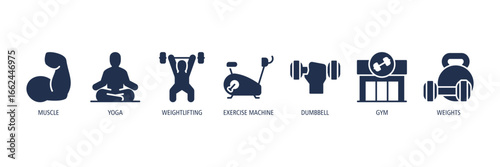 Gym & Strength Training Glyph Icons Web Banner – muscle, yoga, weightlifting, exercise machine, dumbbell, gym, weights