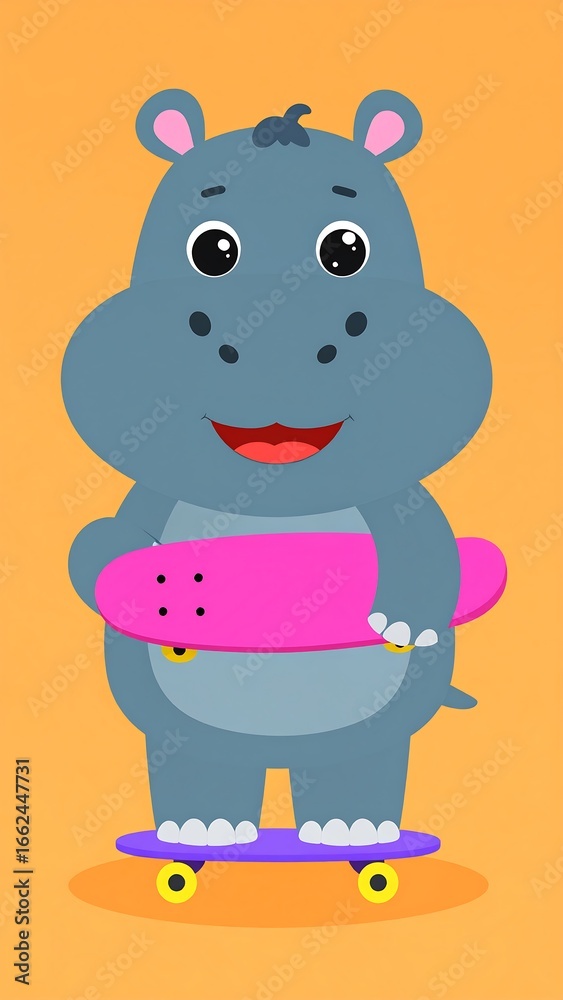 Fototapeta premium Cute hippopotamus skateboarding