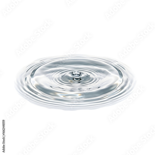 A single clear water drop falls onto a calm surface, creating perfect concentric ripples and waves isolated on a clean white background