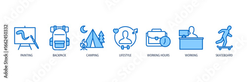 Creative & Lifestyle Activities Outline Blue Icons Web Banner – painting, backpack, camping, lifestyle, working hours, working, skateboard