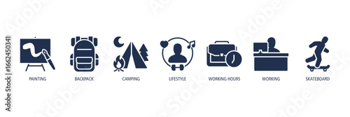 Creative & Lifestyle Activities Glyph Icons Web Banner – painting, backpack, camping, lifestyle, working hours, working, skateboard