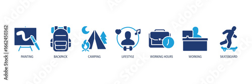 Creative & Lifestyle Activities Glyph Dual tone Icons Web Banner – painting, backpack, camping, lifestyle, working hours, working, skateboard