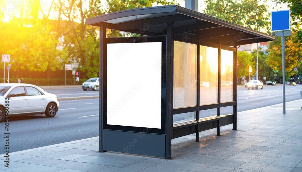 Obraz premium Golden Sunset Glow on a City Bus Stop with a Blank Advertisement Mockup.