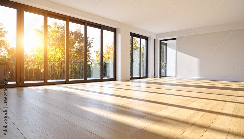 Obraz premium Empty modern room with large windows, sunlight streaming in