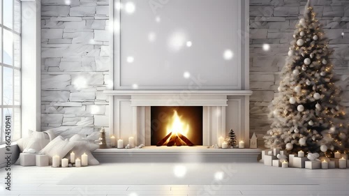 Cozy Christmas scene with a fireplace tree and gifts