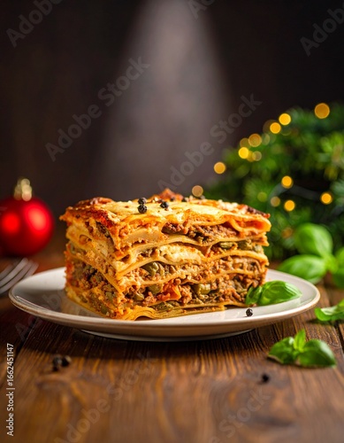 A slice of lasagna, layered with meat, vegetables, and cheese, sits on a white plate. Festive Christmas lights are visible in the background