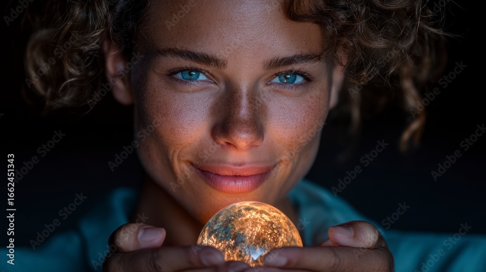 Naklejka premium Woman with curly hair smiling while holding a glowing sphere Female Light