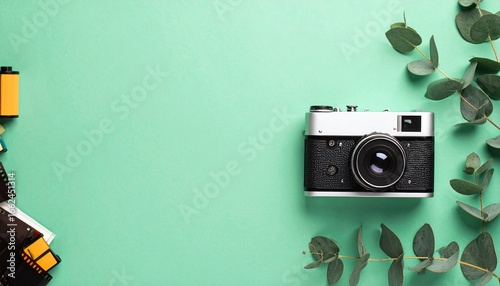 Vintage camera on mint green background with film