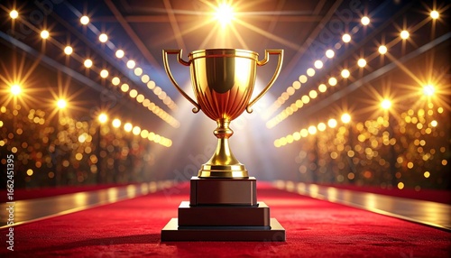 Golden trophy on red carpet under spotlights
