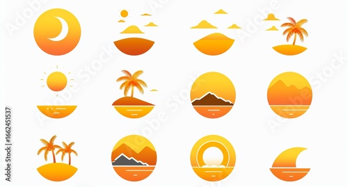 Collection of twelve simple, orange-toned icons depicting various sunny, tropical scenes