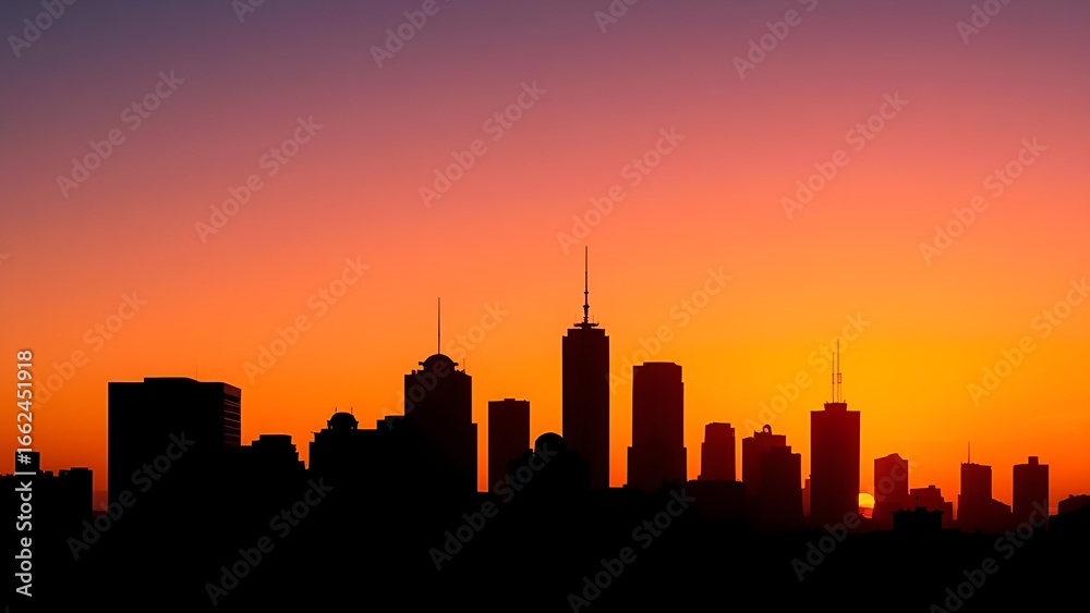 Fototapeta premium An abstract cityscape silhouette with geometric shapes and warm sunset colors.