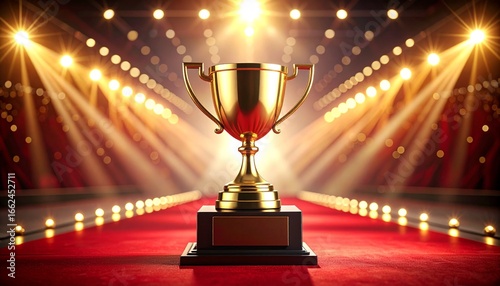 Gold trophy on red carpet, stage lights