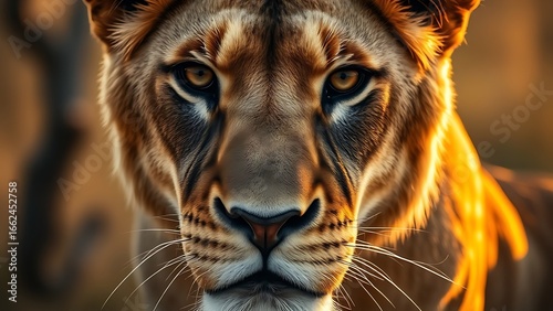 Close-up portrait of a lioness with detailed fur texture in golden savanna light.