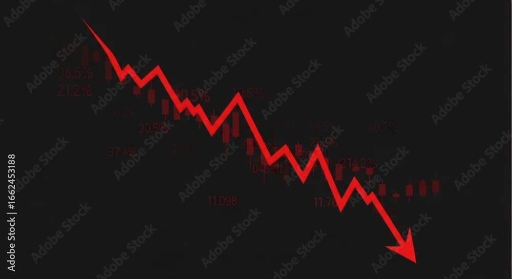 Fototapeta premium Stock market crash with red arrow showing financial loss and economic recession in a downtrend chart with decreasing percentages and falling candlestick graph