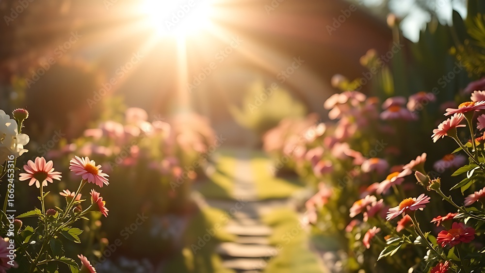Obraz premium Sunlit garden path lined with blooming flowers, shallow depth of field for a peaceful feel.