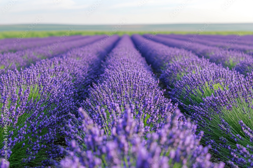 Obraz premium Endless Rows of Vibrant Purple Lavender Flowers in Summer