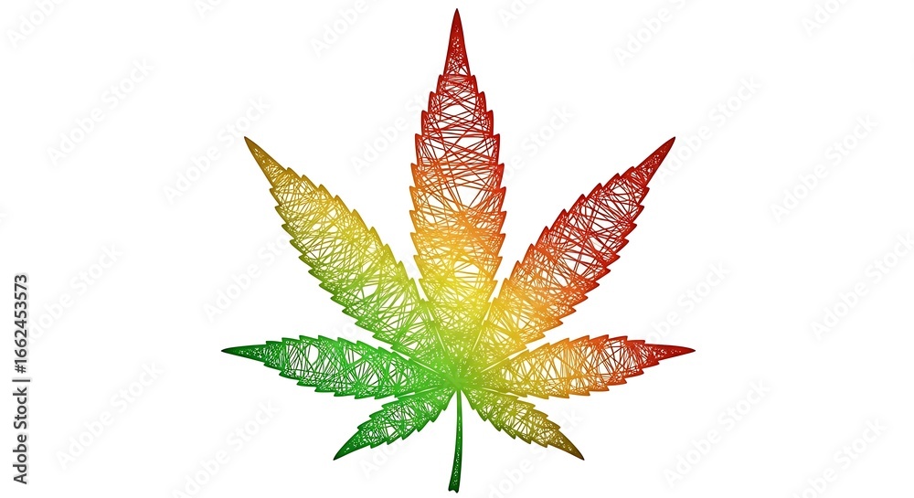 Fototapeta premium Abstract rendering of a cannabis leaf with a rasta color scheme background