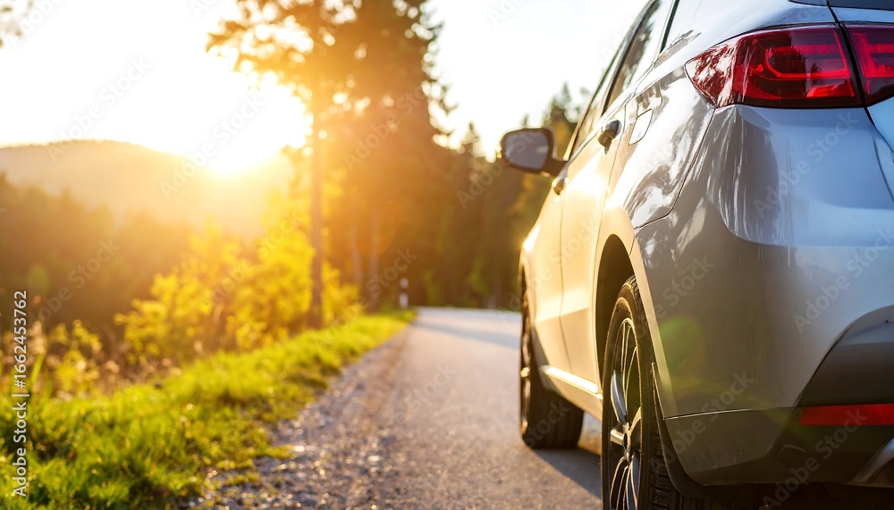 Fototapeta premium A silver car drives on a scenic road during sunset