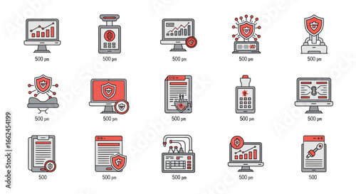 Cybersecurity and data protection icon set. A collection of line art symbols for internet safety, virus protection, and network security concepts.