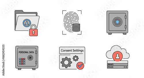A set of six icons depicting data security, including a locked folder, fingerprint, safe, and consent settings.