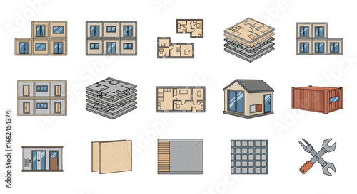 Modular building construction icons:  designs, materials, and assembly process illustrated.