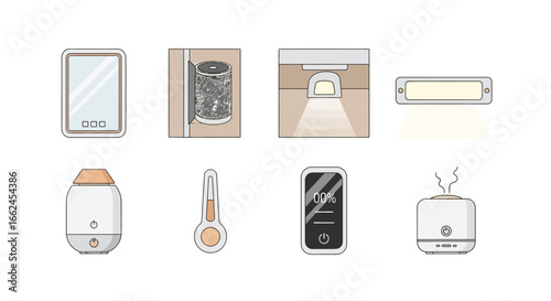 A collection of minimalist line art icons depicting smart home devices and bathroom fixtures.