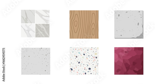 Collection of various patterned flooring and wall materials, including marble, wood, concrete, and terrazzo.