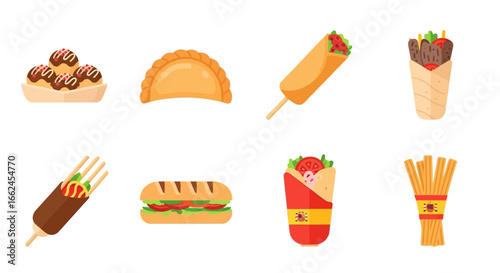 Flat illustration of various popular international street foods, including dumplings, pastries, and wraps.
