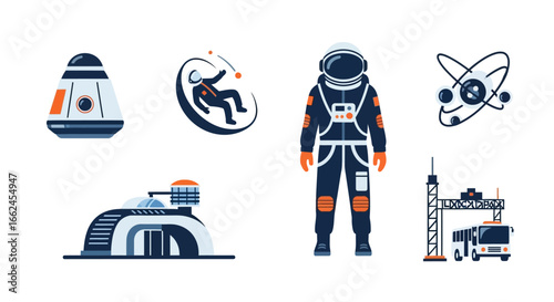 A collection of vector illustrations depicting space exploration elements and astronaut figures.
