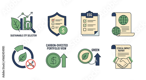Icon set illustrating sustainable investment, ESG compliance, ethical impact, and carbon-divested portfolio view.