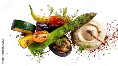 Creative presentation of grilled vegetables with hummus and a sprinkle of sumac, isolated on a Transparent background, PNG file.