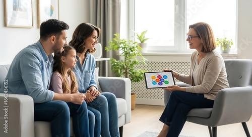 A family attends a therapy session. A therapist presents a colorful diagram on a tablet, likely illustrating family dynamics or a therapeutic concept. The scene is warm and inviting.