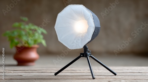 A photography light modifier a softbox on a tripod with a potted plant in soft focus background
