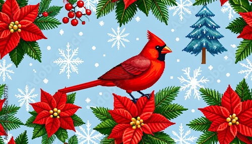 Christmas pattern with cardinal, poinsettia, and fir trees